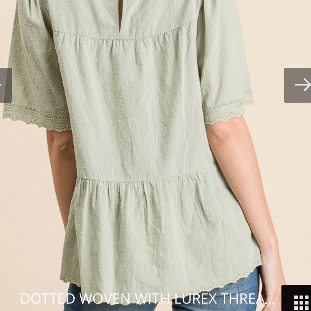Sage Green Swiss Dotted Texture Cotton Scalloped Top Lurex Woven Detail S M L XL - Picture 10 of 14